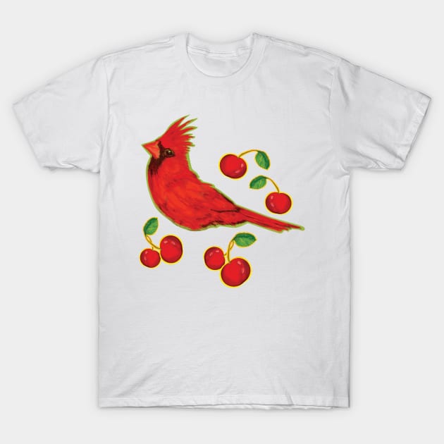 Very Red Bird with cherries - Illustration pattern T-Shirt by WitchDesign